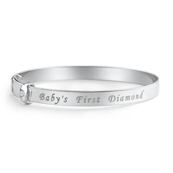 'Baby's First Diamond' Silver 925 Bangle Bracelet Cuff Jewelry Gift, for Baby Showers, Baptism 0-4 Y