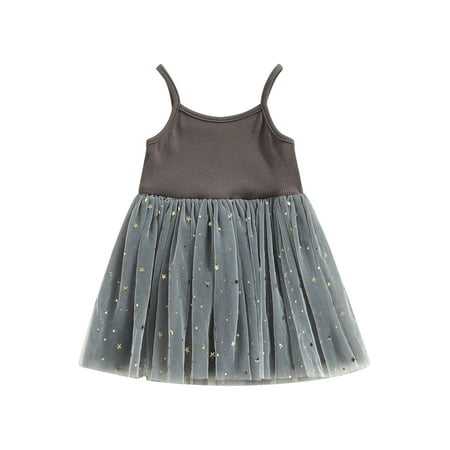 

Sunisery Kids Toddler Girls Tulle Dress Shiny Star Print Sleeveless Strap Princess Dress Tutu Dress Grey　2-3 Years