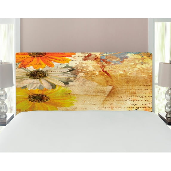 Grunge Headboard, Flowers Lettering Poetry Orange Yellow Daisy Art Paint Splashes Graphic Print, Upholstered Decorative Metal Bed Headboard with Memory Foam, Full Size, Multicolor, by Ambesonne
