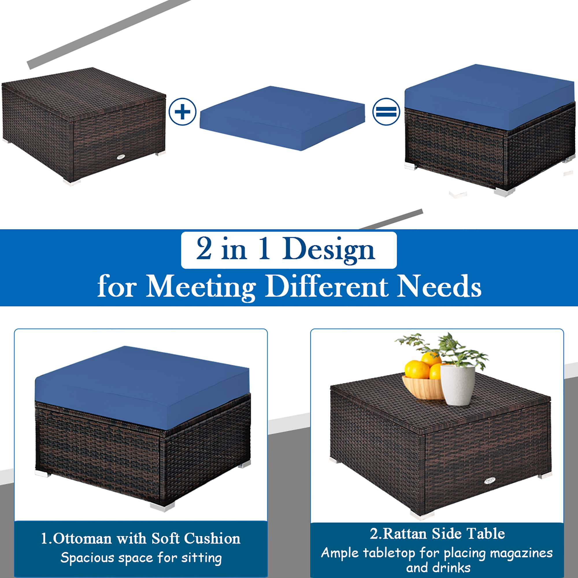 Costway 5PCS Patio Rattan Furniture Set Sectional Conversation Set Ottoman Table Navy