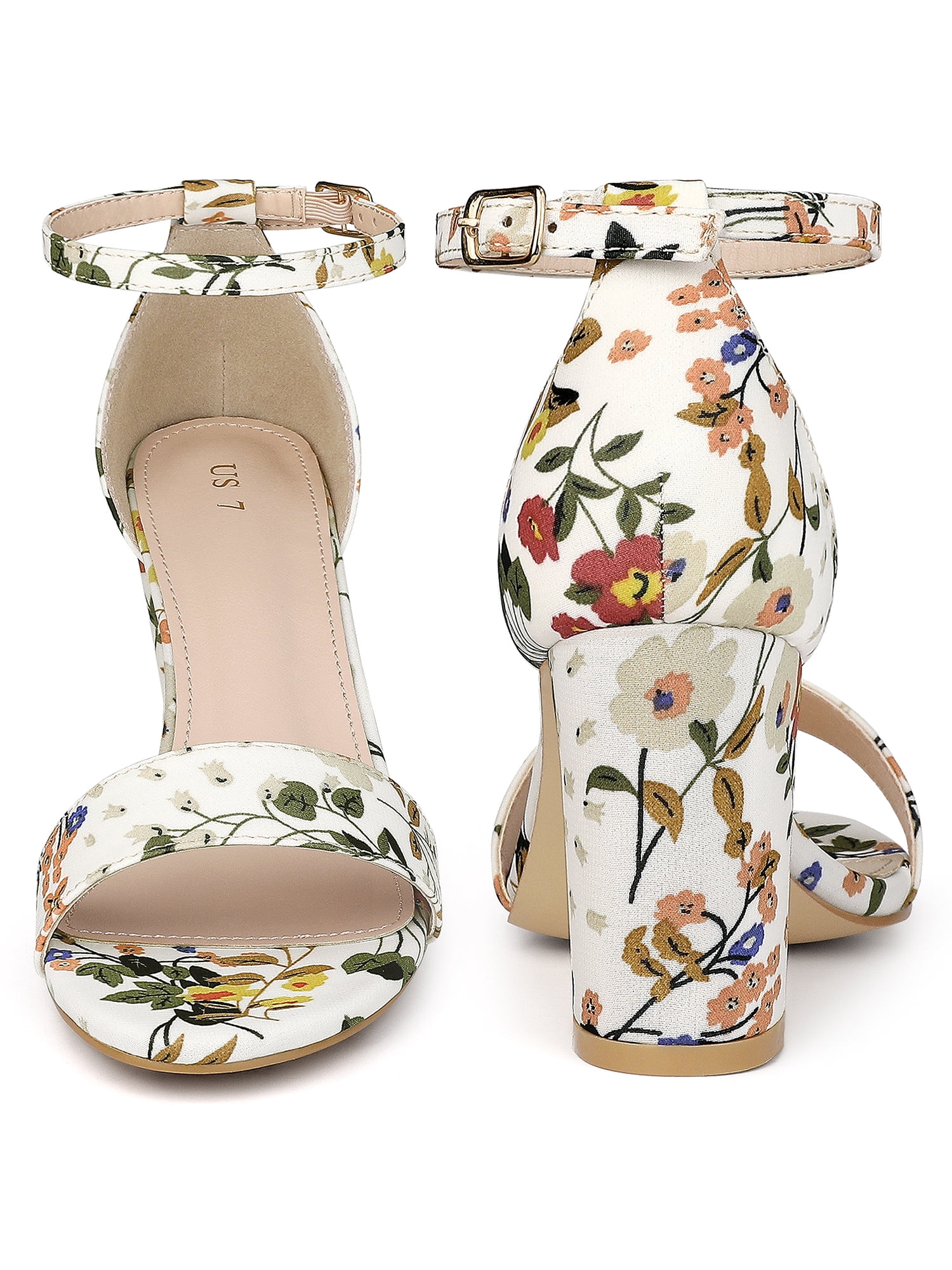 DARING DIVA Women's Floral Open-Toe Ankle Strap Chunky Heel Sandals White 8.5
