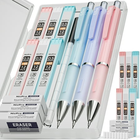 Nicpro 3 Pcs 0.5mm Pastel Mechanical Pencils, with 6 tubes HB Lead Refills, Erasers, Eraser Refills - Come with Case