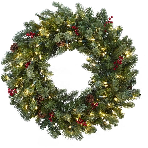 Nearly Natural Green 30" Lighted Pine Holiday Wreath Berries and Pinecones