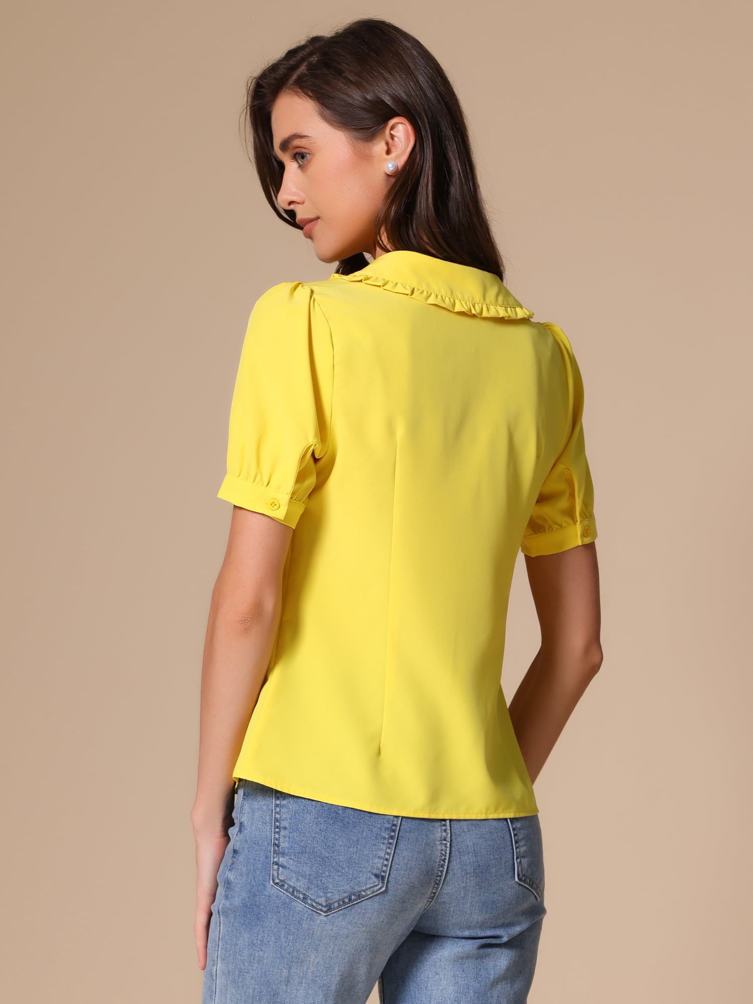 DARING DIVA Women's Peter Pan Collared Puff Short Sleeve Retro Blouse XL Yellow