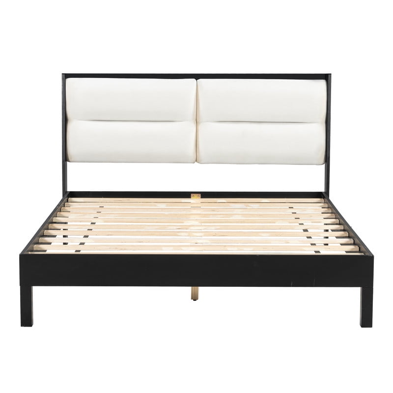 Wooden Queen Size Platform Bed with Velvet Upholstered Headboard, Low-Profile Bed Frame with Slat Support No Box Spring Needed
