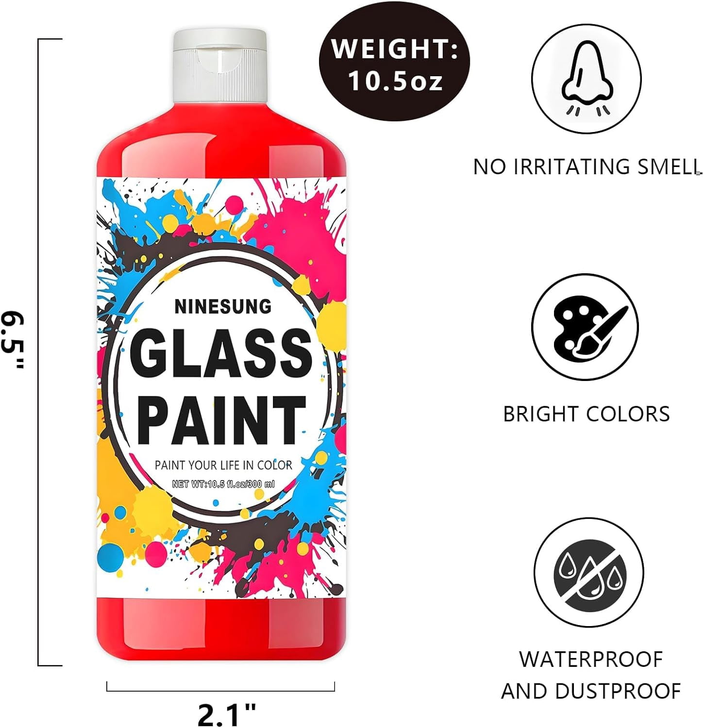 Non-Toxic Acrylic Glass Paint - 10.5oz (300ml) Red Craft Paint for Windows, Ceramics, DIY Art & Glass Painting, Water-Based, Vibrant & Washable (Red, 10.5 oz)
