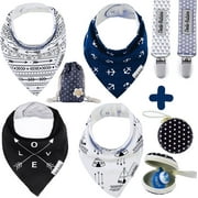 Baby Bandana Drool Bib Set - 4Pc Infant With 2 Pacifier Clips, Binky Case, Gift-Ready Bag - Soft Absorbent Cotton With Polyester Back - Adjustable Buttons To Fit 3-24 -Month Old Boys