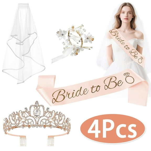 Bachelorette Bride Accessories Wedding Must Haves Bride Gifts for Bachelorette Party Favors Bridal Shower Crown, Bride to Be Sash&Veil Wrist Corsage Bridal Accessories 4Pcs Rose Gold