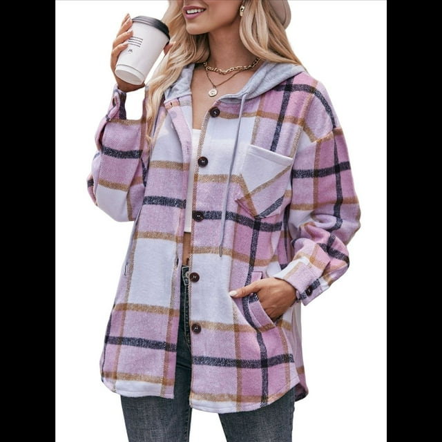 Camisa Clásica A Cuadros de Larga con Capucha para Mujer, Chaqueta Informal con Botones, Cárdigan de Lana y Bolsillos Laterales. Rosa S