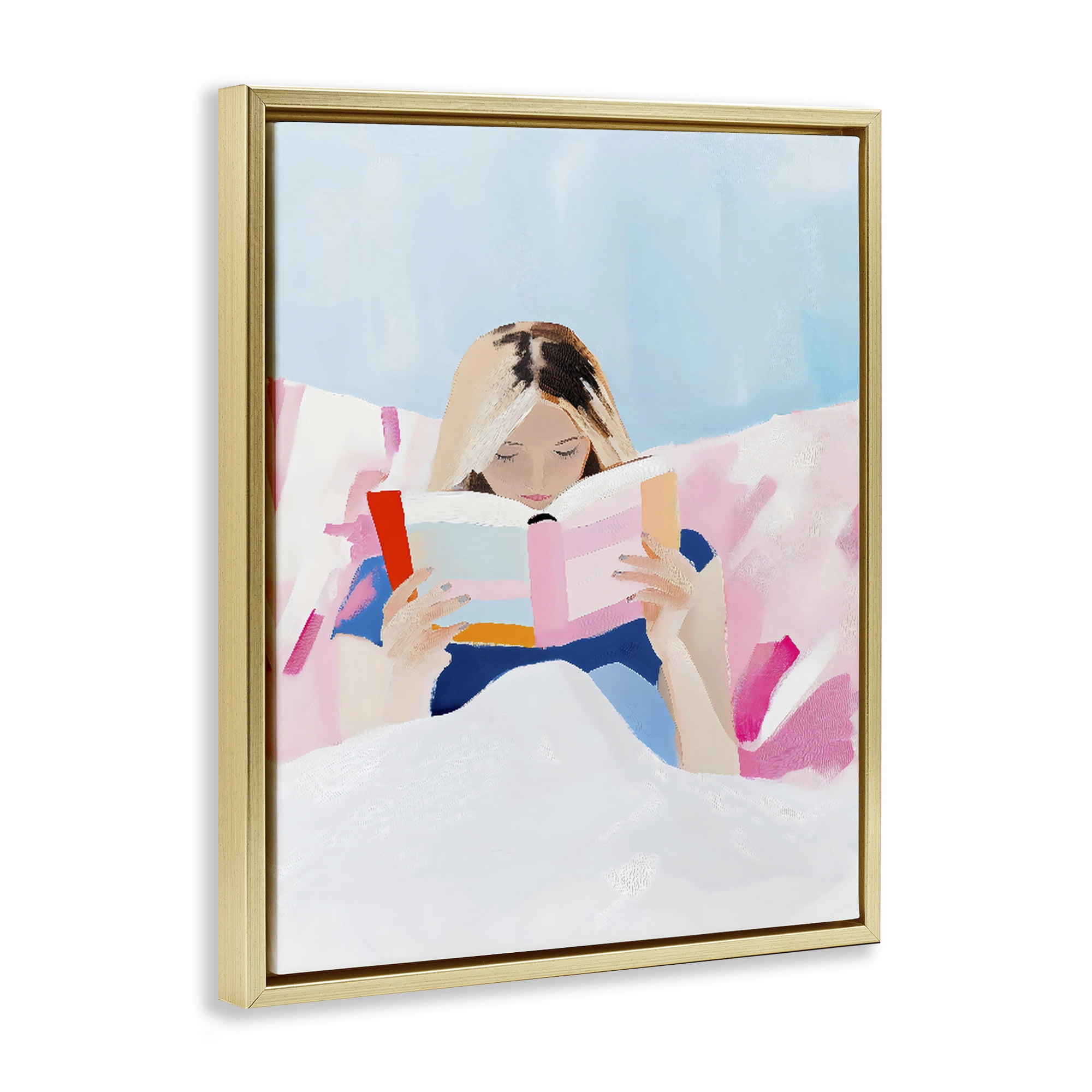 Stupell Industries Cozy Reading In Bed Gold Framed Floater Canvas Wall Art, design by The Prints Vibe