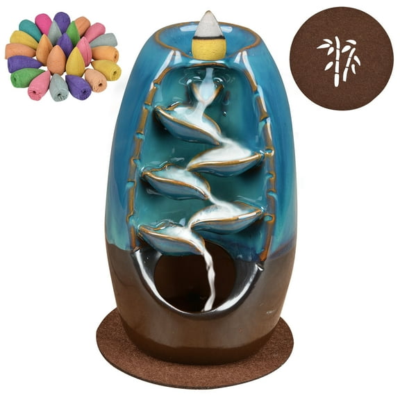 Coolmade Blue Ceramic Backflow Aromatherapy Ornament Holder with 110 Upgraded Incense Cones Count