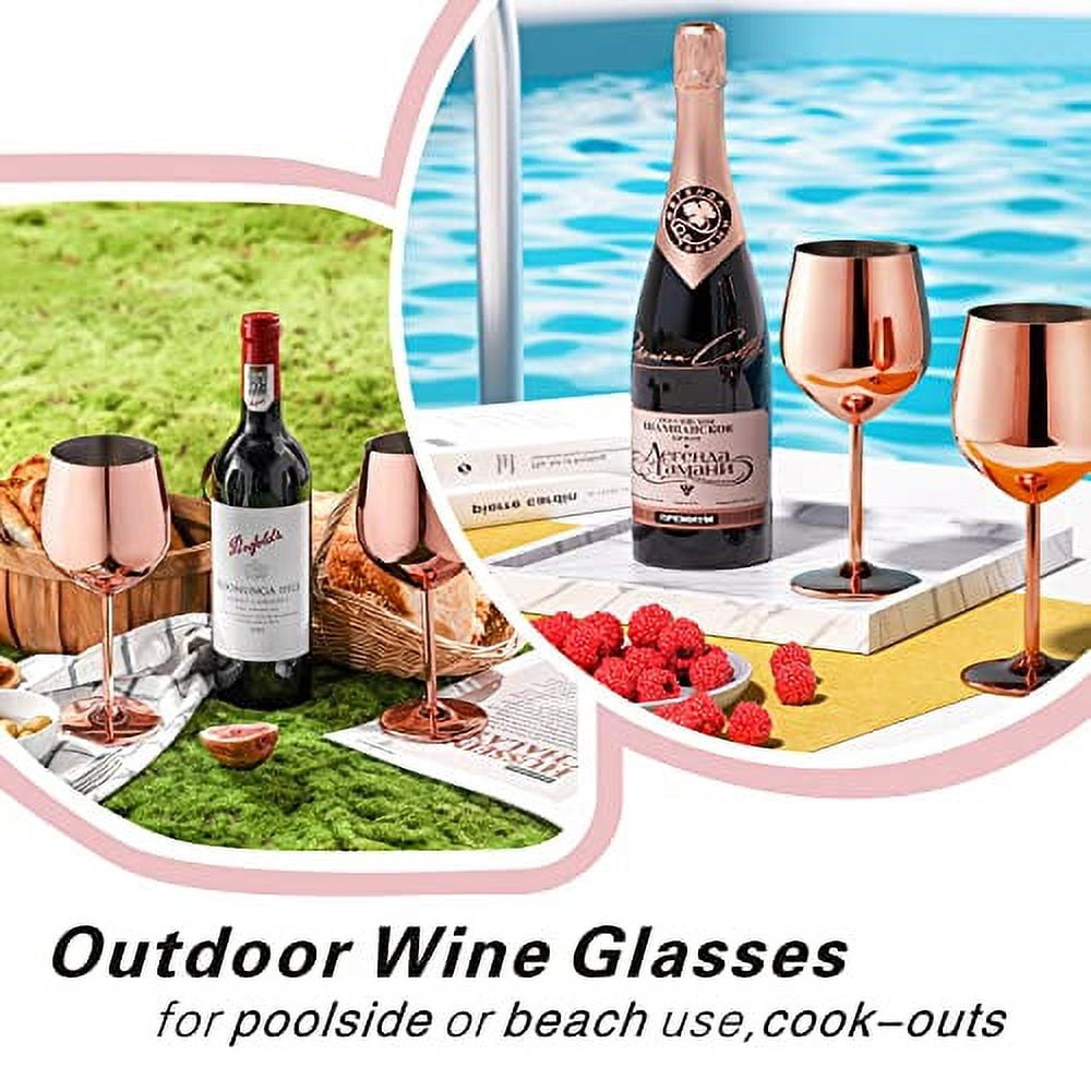 WOTOR Rose Gold Wine Glasses Set of 4, 18oz Copper Wine Glasses, Stainless Steel Wine Glasses, Unbreakable & Portable Stemmed Metal Wine Glass for Outdoor, Travel, Camping, Ideal Wine Accessories Gift