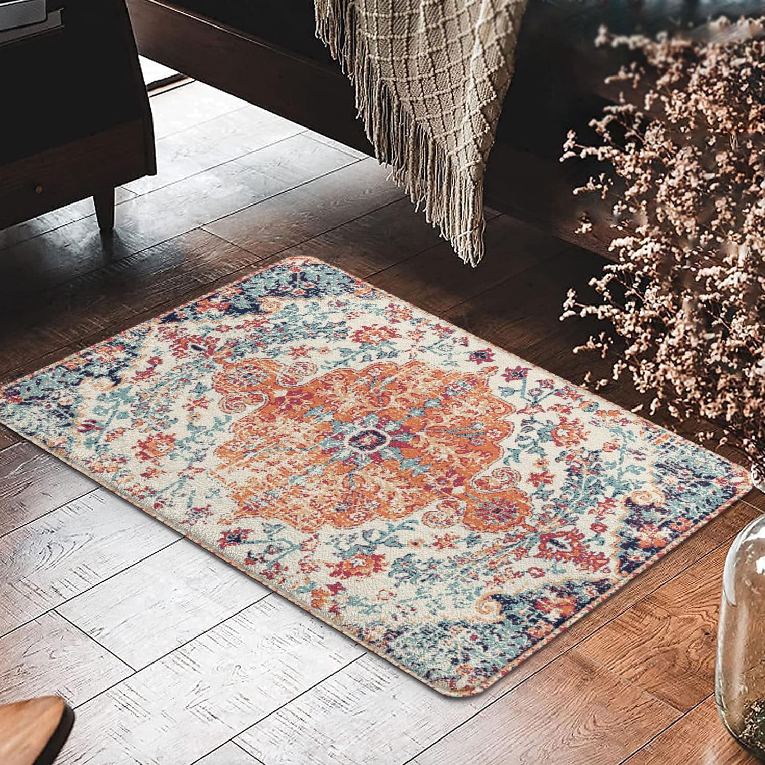 Boho Style Bathroom Rugs Farmhouse Bohemia Bath Mat Non-Slip Water Absorbent Bath Rug Soft Microfiber Floor Mats for Bathroom Tub and Shower Room 17x27 inch Orange