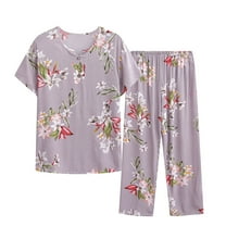 Enjoytime Two Piece Short Sleeve Pajamas for Women Set Casual 2 Piece Lounge Pj Shorts Set Floral Printed Plus Size Lounge Set