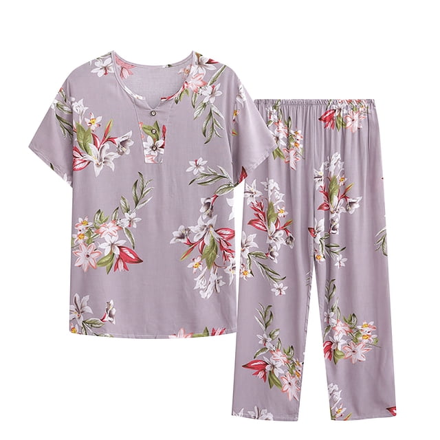 Penkiiy Womens Pajama Sets Pj Set Button Down Short Sleeve Top With Capri Pants Sleepwear 2 Piece Lounge Set 4XL Multicolor