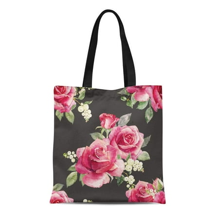 - ASHLEIGH Canvas Tote Bag Pink Watercolor Floral Pattern Red Rose Berries Snowflake Dark Retro Reusable Shoulder Grocery Shopping Bags Handbag