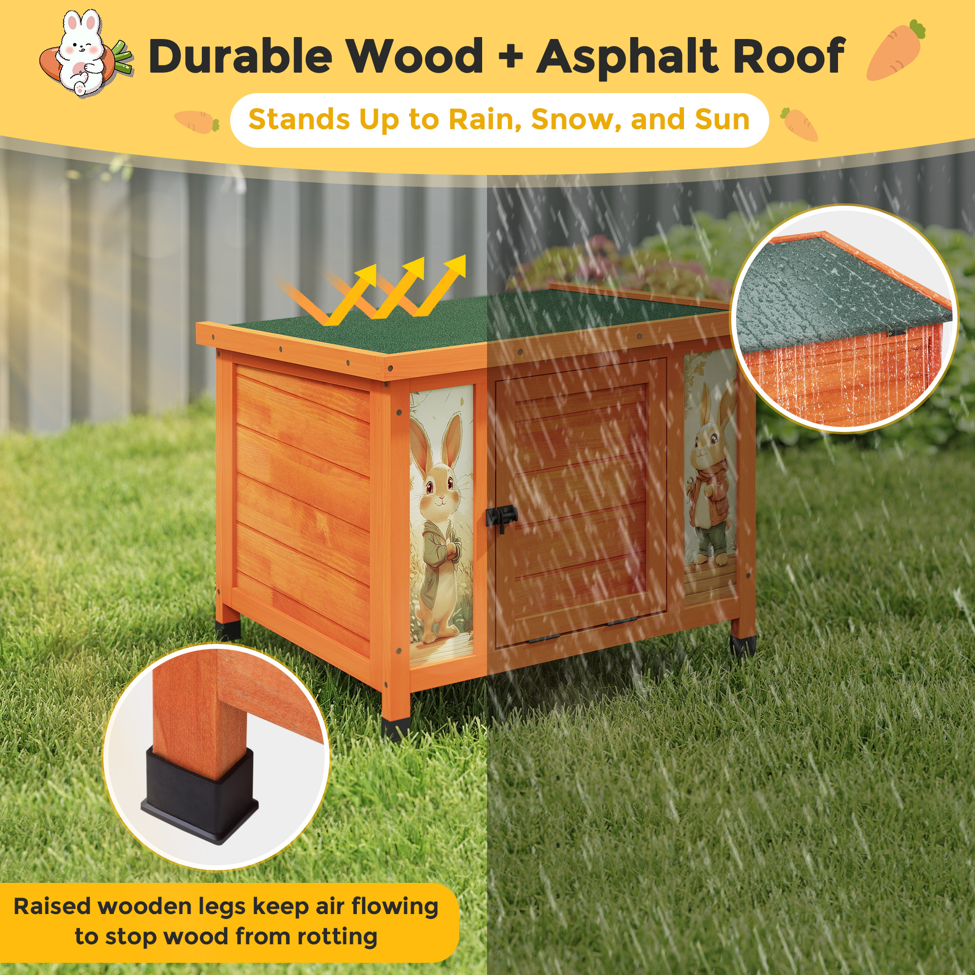 24'' Small Rabbit Hutch Outdoor, Bunny Cage for Small Animal with Weatherproof & Openable Top, Wooden Cat House for Indoor & Outdoor Use
