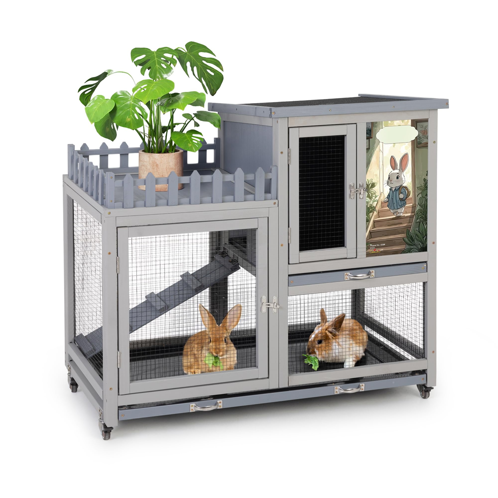 Wooden rabbit cage with balcony, rabbit cage with wheels, suitable for indoor and outdoor use, includes rabbit cage, removable tray, gray with pattern