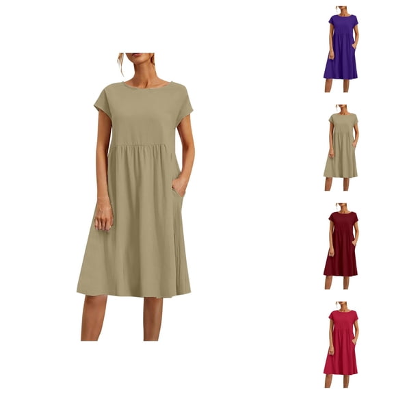 Summer for Women Cotton Linen Short Sleeve Crewneck Loose Ruffle Flowy Midi Tshirt Dress Beach Vacation Dress