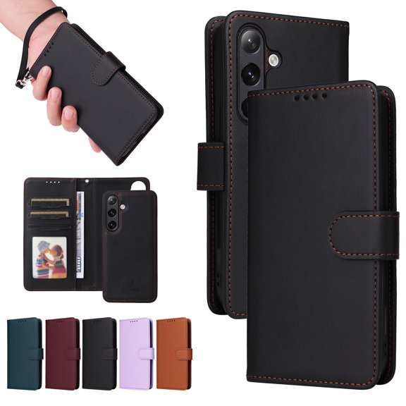 ELEHOLD for Samsung Galaxy S22 Plus Wallet Case Detachable Back Case with Wrist Strap, PU Leather Flip Folio Magnetic Card Holder Stand Shockproof Phone Cover ,Black