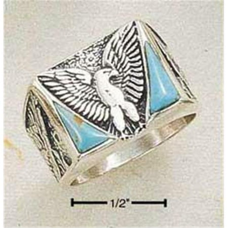 Sterling Silver Mens Eagle with Double Triangle Turquoise & Squared Shank - Size 9