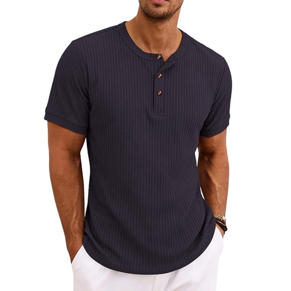 Cmfcve Ribbed Henley T-Shirt for Men Short Sleeve Slim Fit Muscle Shirt Cotton Casual Button Tops