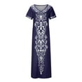 thumbnail image 4 of Wycnly Formal Dresses for Women Beach Vacation Vintage Bohemian Side Slit Loose Tunic Long Sundress V-Neck Short Sleeve Ethnic Style Print 2024 Summer Maxi Dress Navy XXL, 4 of 6