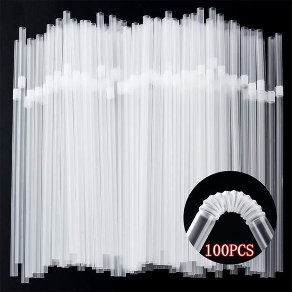 Fmxomd 100 Pcs Clear Flexible Plastic Straws, BPA-Free Disposable Bendy Straws, 8.3" Long and 0.23'' Diameter