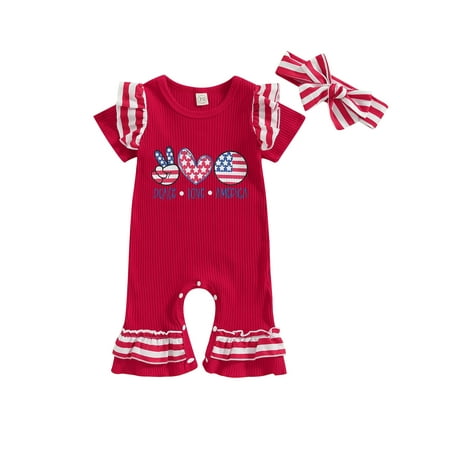 

Xingqing 4th of July Baby Girl Romper USA Letter Ruffle Short Sleeve Patchwork Jumpsuit with Headband