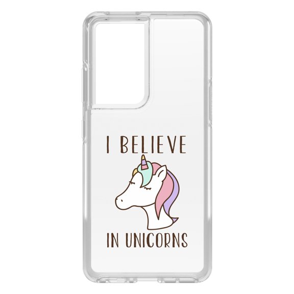 DistinctInk Clear Shockproof Hybrid Case for Galaxy S21 ULTRA 5G (6.8" Screen) - TPU Bumper Acrylic Back Tempered Glass Screen Protector - I Believe in Unicorns