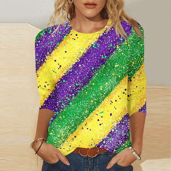 Cadancy Mardi Gras Womens Shirt Holiday 3/4 Sleeve Pullover Crewneck Tunic Tops Carnival Mask Print Funny Rave Party Blouse Loose Trendy Casual Outfits
