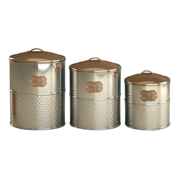 "TREATS" Hammered Stainless Steel 3 Pc set Pet Canister with copper lid, Dog Food Treat Canister with Lid, Carbon Steel Canister, Storage Container Jar with Tight Fitting Lids for Dog Biscuit Cookies