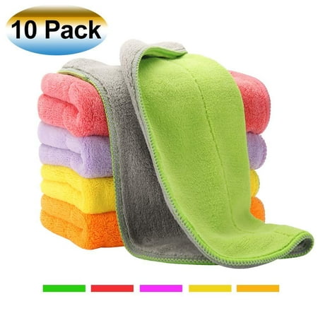 Extra Thick Microfiber Cleaning Cloths with 5 Bright Colors, Super Absorbent Dust Cloths Dish Cloths with Two Color on Two Side, Lint Free Streak Free for Tackling Any Cleaning Job with Ease, 10