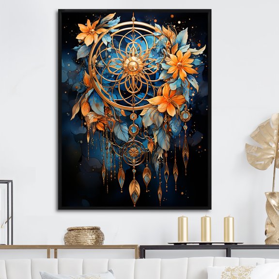 Designart "Mirage Of Black And Blue Dreamcatcher I" Dream catcher Floater Framed Wall Art Prints