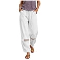 thumbnail image 3 of Zedker 100% Cotton Linen Capri Leggings for Women Elastic High Waisted Loose Lantern Tapered Harem Pants with Pockets White S, 3 of 10
