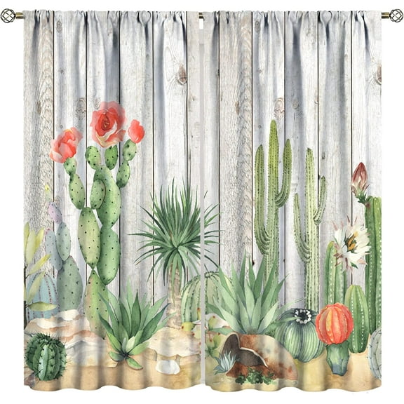 Cactus Curtains, Succulents Vintage Wood Panel Southwest Plants Tropical Desert Style, Blackout Curtains for Kids Bedroom Living Room, 2 Panel Set,42X54 Inch