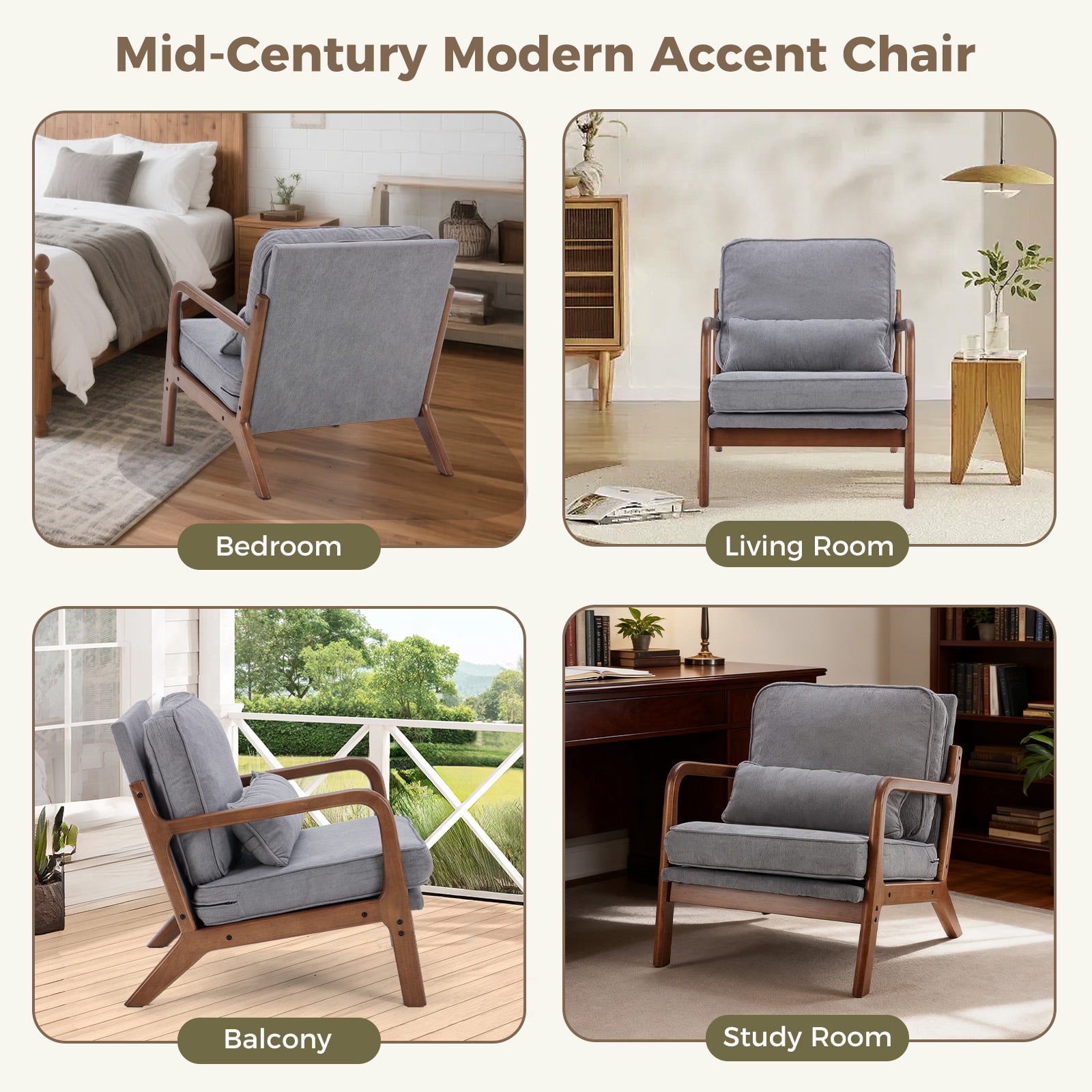 Mid-Century Modern Accent Chair with Arms and Waist Cushion, Solid Wooden Frame