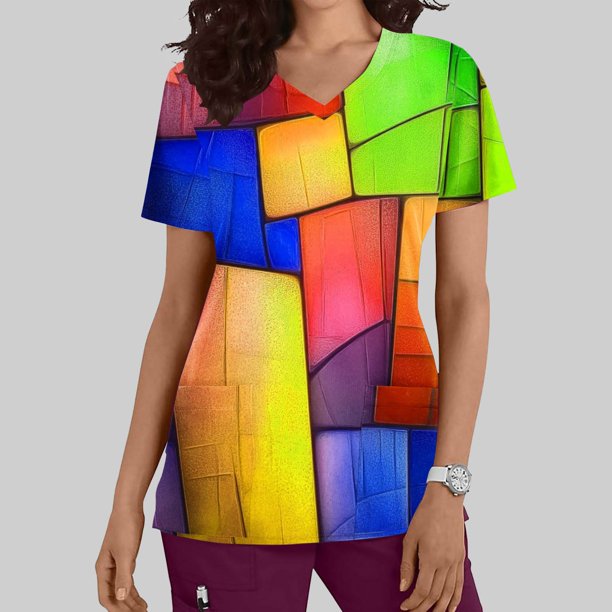 Puntoco Liquidación de blusas cortas para mujer, moda informal para mujer, cuello en V, estampado, manga corta, bolsillo, vestido de enfermera