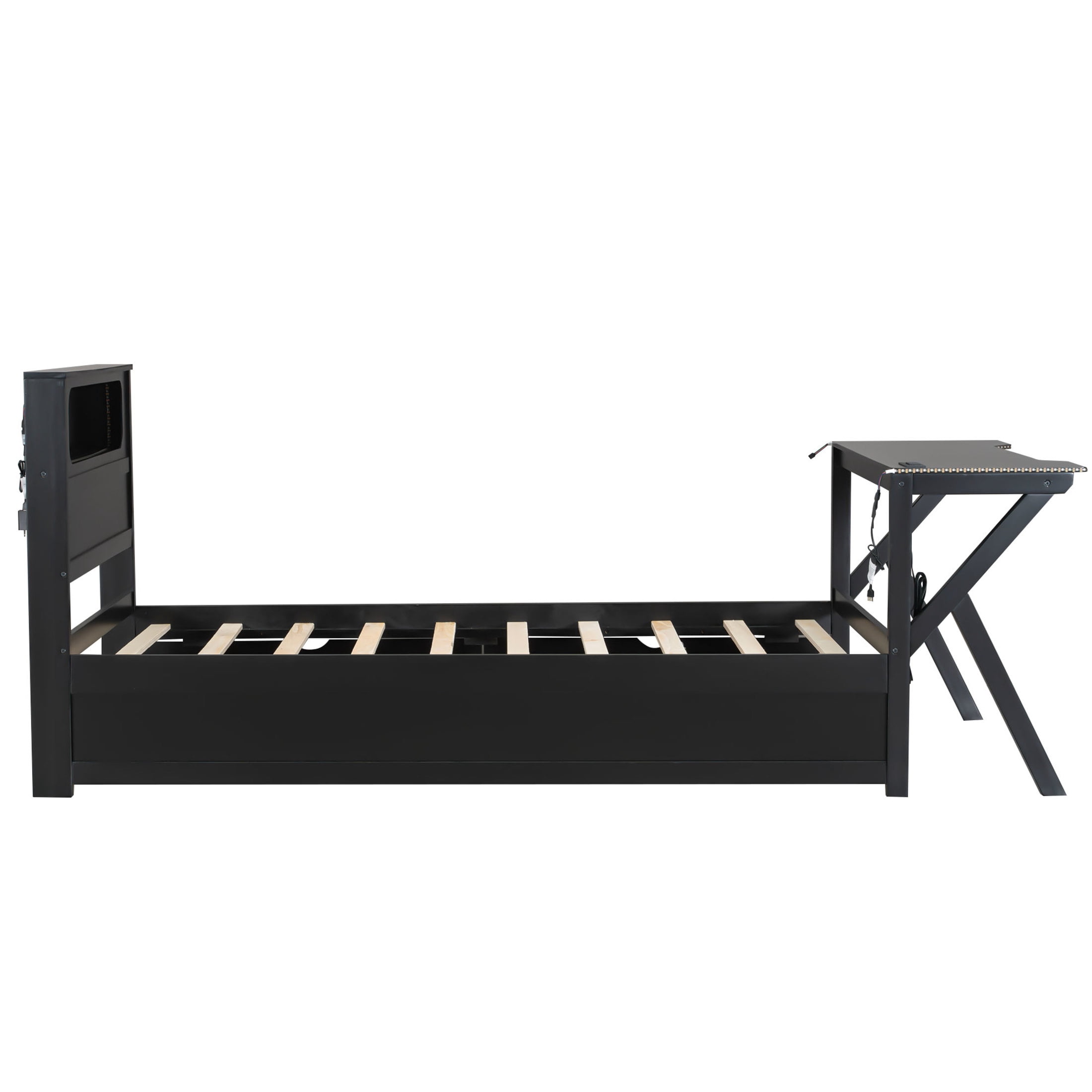 Noble House Twin Gaming Platform Bed, LED Headboard, and Built-in Desk with USB Charging and Storage Drawers, Black