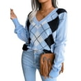 thumbnail image 2 of Seyurigaoka Women's Juniors V Neck Long Sleeve Argyle Print Loose Knitted Sweaters, 2 of 6