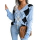 thumbnail image 2 of Mujer Suéter con estampado de rombos y cuello en V Pullover Tops Prendas de punto sueltas XBTCLXEBCO T S, Azul, 2 of 6
