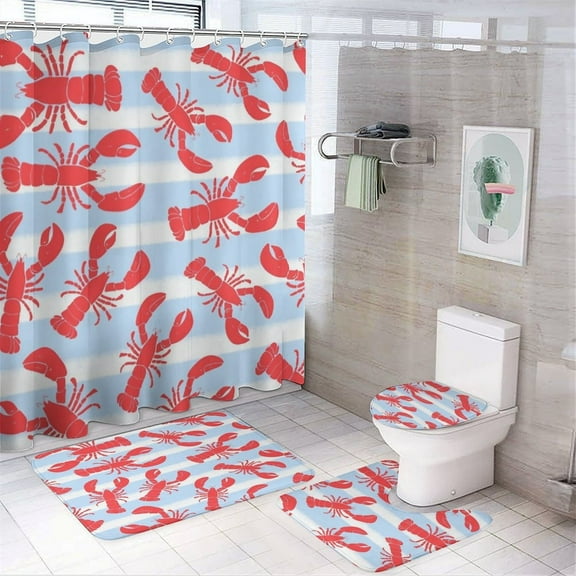 Lobsters on Light Blue Stripes Shower Curtain Sets Non-Slip Rugs Bath Mat Toilet Cover U Shaped Mat 4 Pcs