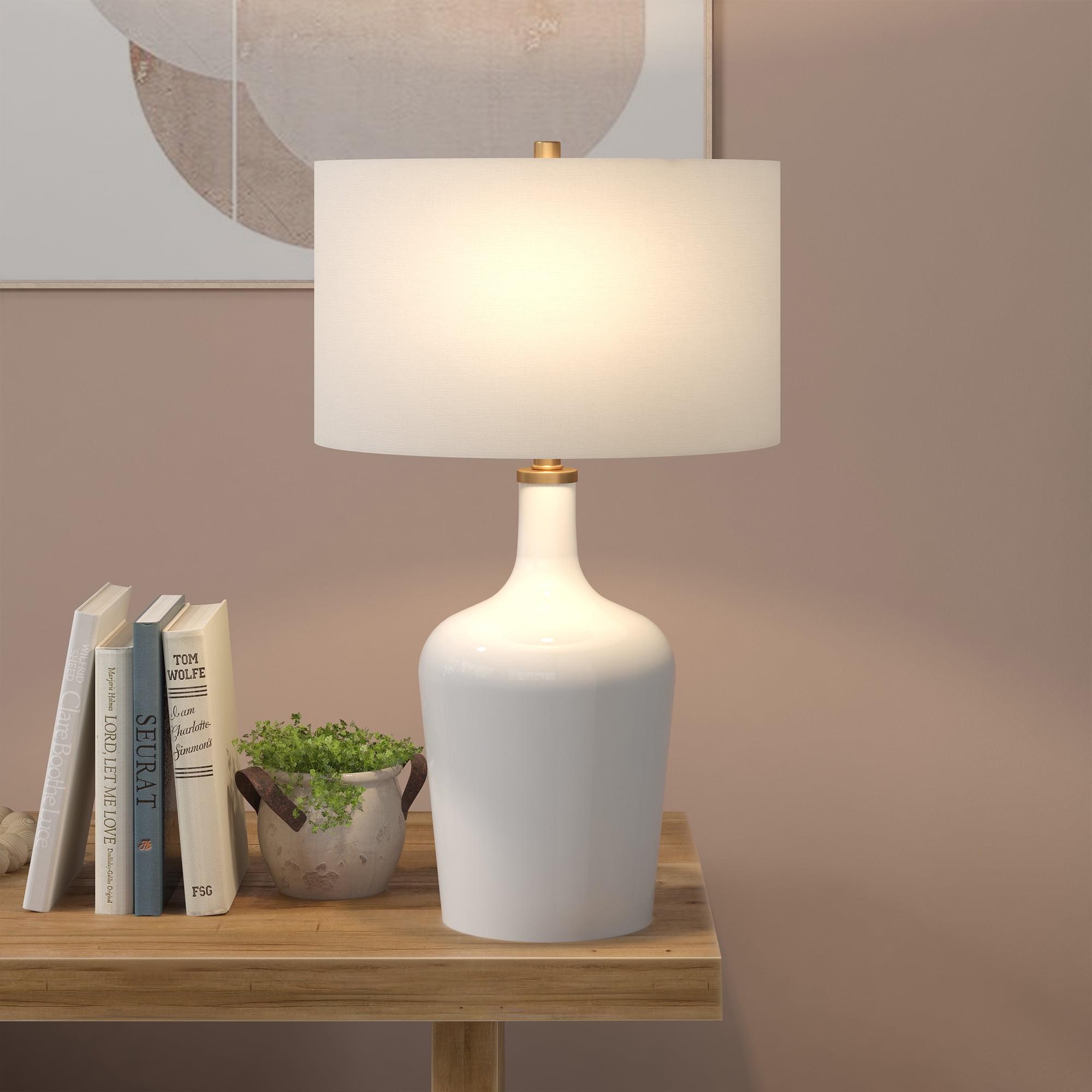 Evelyn&Zoe Sebago 25" Tall Table Lamp with Fabric Shade, White/White