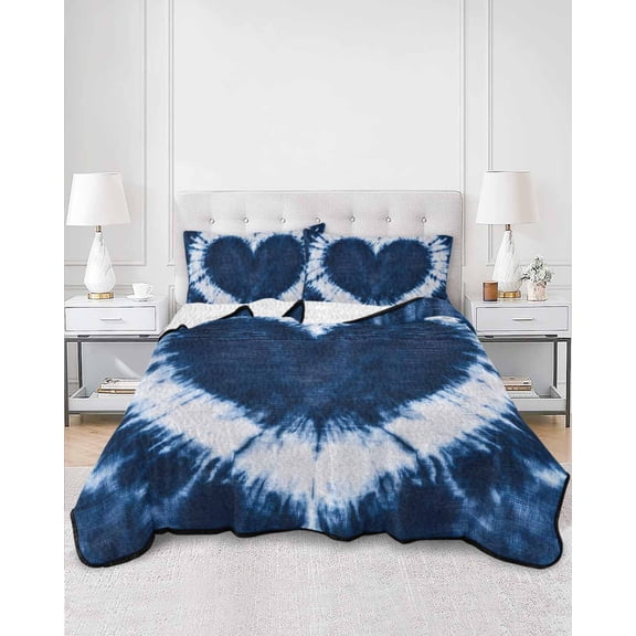 Quilts Full Size, Blue Love Heart Soft Comforter Bedding Set for Bed, Boho Ethnic Modern Funny Tie Dye Art Lightweight Quilted Bedspread with Pillow Cover(2 Pieces) for All Season, 78x90 Inch