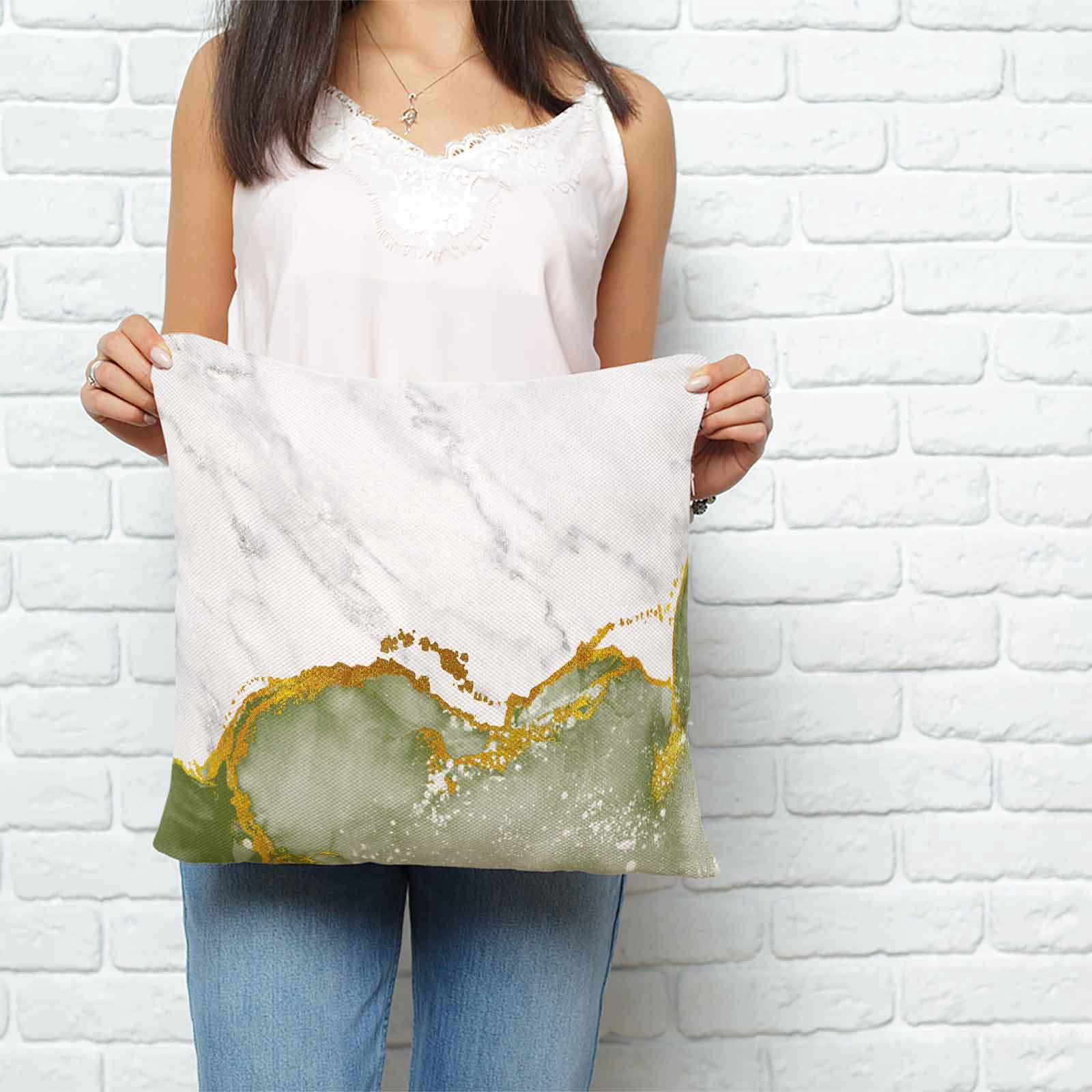 Throw Pillow Covers 16x16 Inch, Green Gold Marble Decorative Pillow Cases for Couch Sofa Bed, Modern Abstract Marble Crack Texture Cotton Linen Square Home Decor Pillowcases with Hidden Zipper