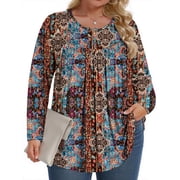 Fantaslook Plus Size Womens Blouses Long Sleeve Floral Tunic Tops Henley Neck Flowy Fall Shirts