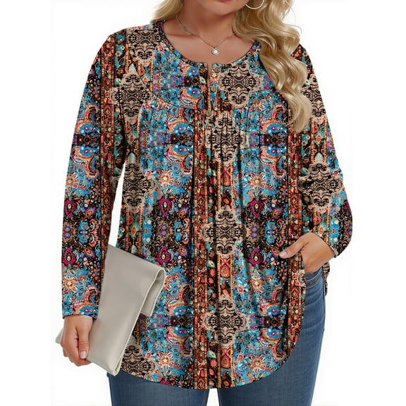 Fantaslook Plus Size Womens Blouses Long Sleeve Floral Tunic Tops Henley Neck Flowy Fall Shirts