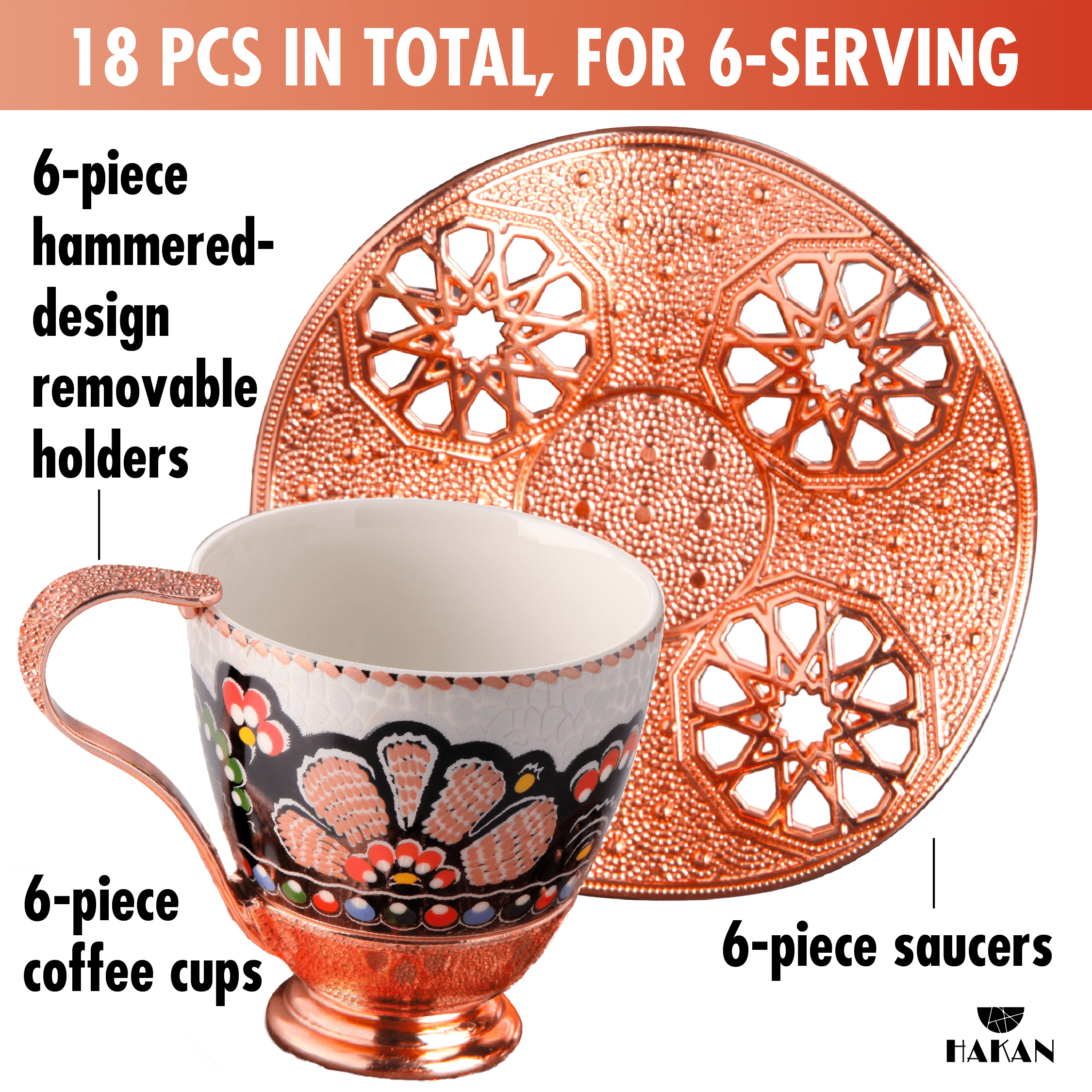Turkish Coffee Cup Set of 6 with Handmade Wavy Design Saucers and Cup Holders | 18-Piece Elegant Rosegold Espresso Mugs for Authentic Turkish, Greek and Arabic Coffee Experience, 3 oz