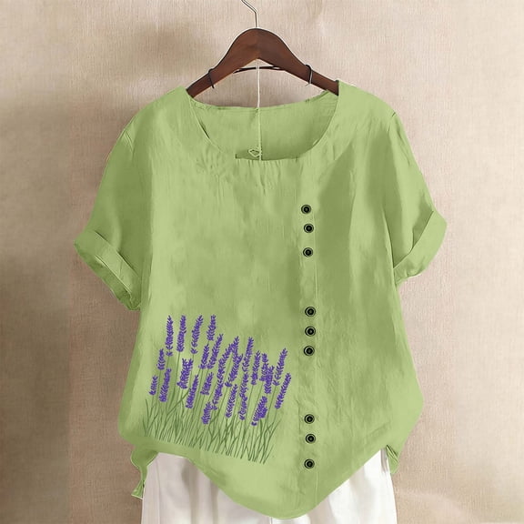 ICHUANYI Womens Summer Tops Round Neck Short Sleeve Button Fashion Printed Casual Lightweight Tunic T Shirts Blouse