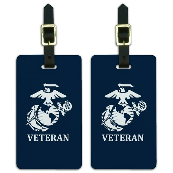 Veteran USMC Marine Corps White on Blue Officially Licensed Luggage ID Tags Suitcase Carry-On Cards - Set of 2